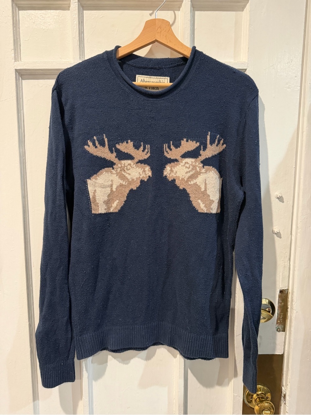 Abercrombie & Fitch Navy Crewneck Sweater with Tan & Cream Moose Motif